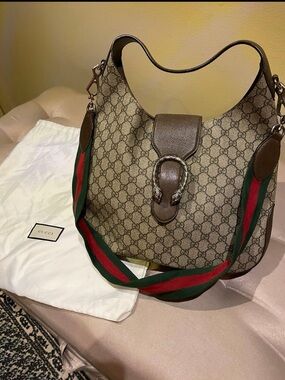 Gucci Beige Brown GG Supreme Shoulder Bag with Green-Red Web Strap